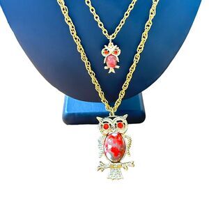 Vintage Owls Set Red Rhinestone Cabochon Gold Tone Necklaces Chic MCM
